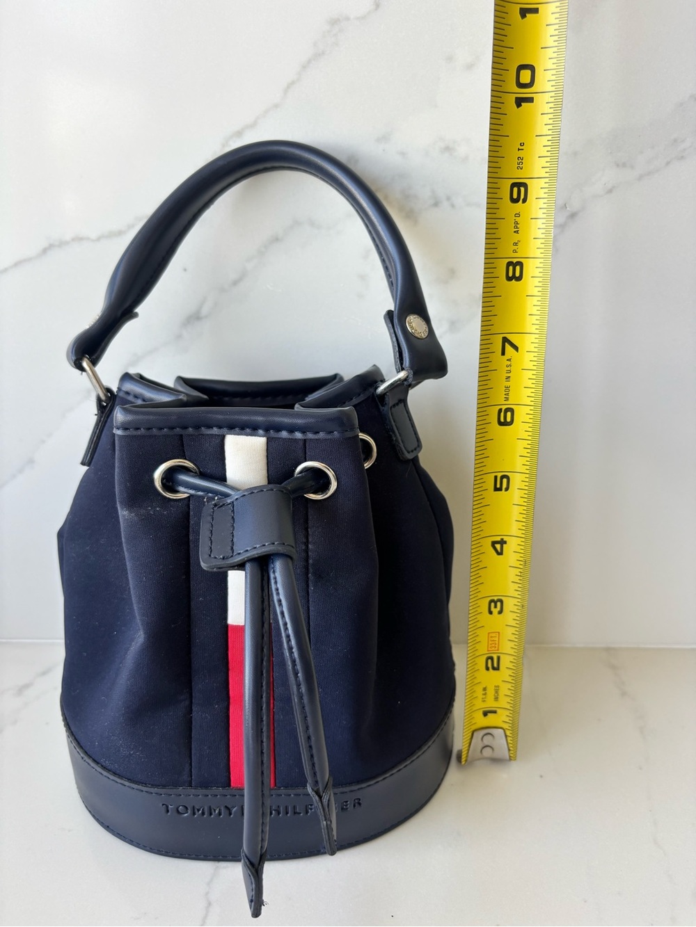 Tommy Hilfiger Vintage Navy Drawstring Bucket Bag Navy Blue Red & White Stripe - Picture 3 of 9